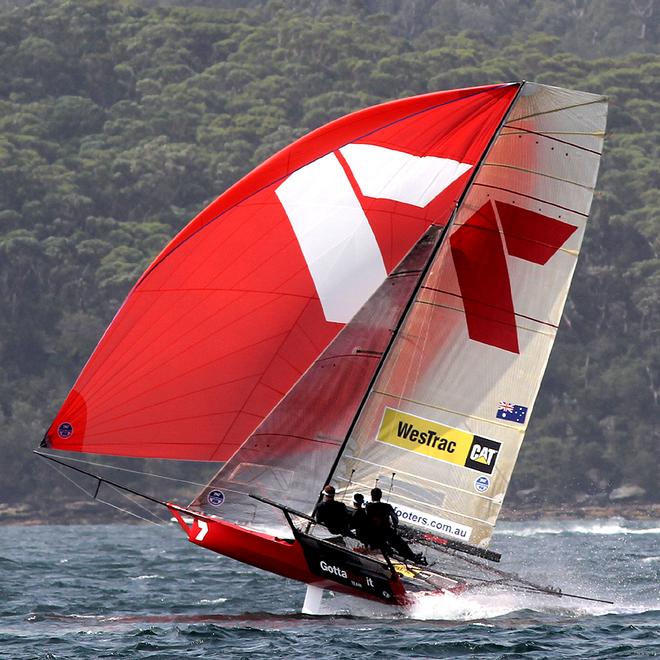 Gotta Love It 7 was flying downwind - 2014 Australian 18ft Skiff Championships - Race 2 © Frank Quealey /Australian 18 Footers League http://www.18footers.com.au